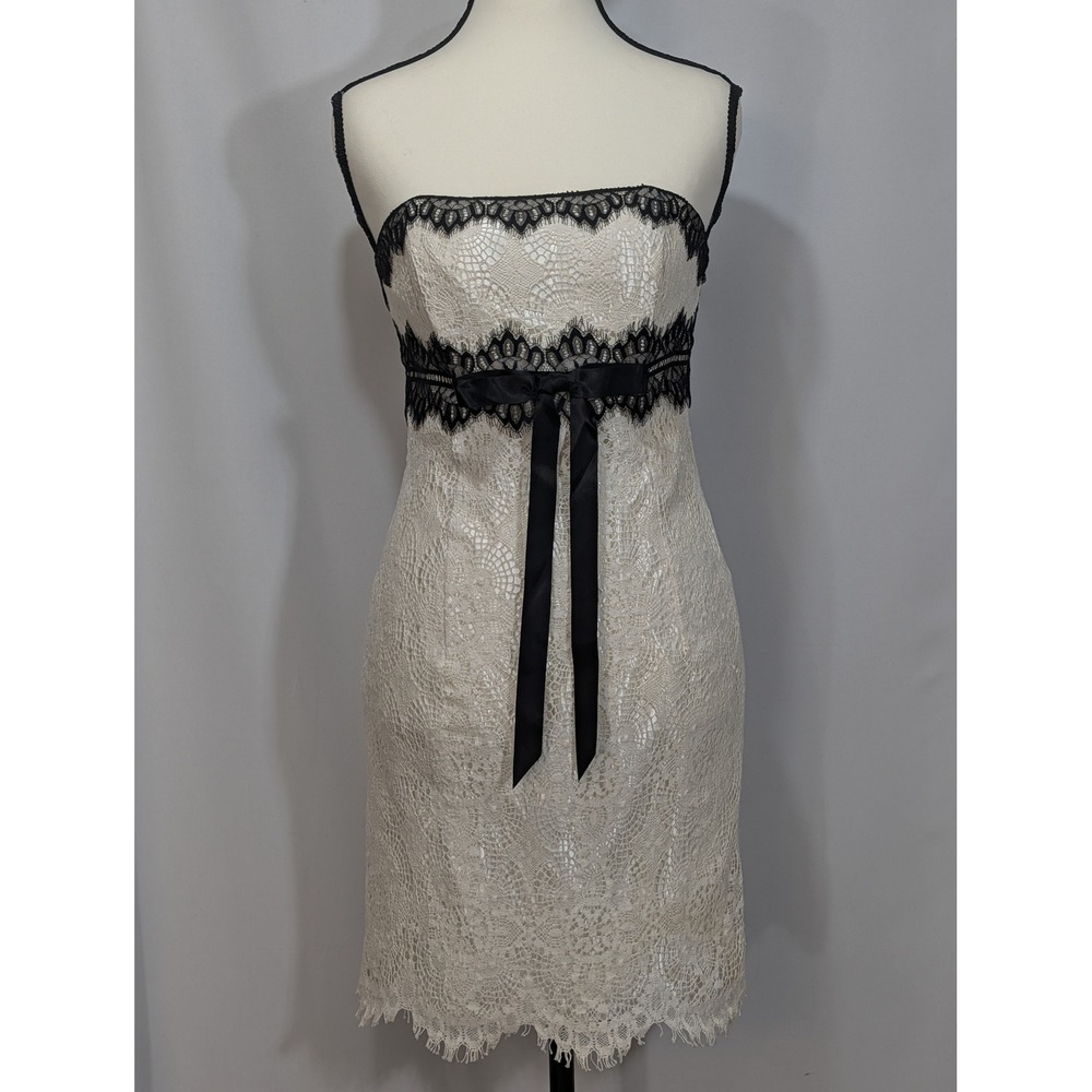 Jessica McClintock Ivory Lace Strapless Dress Black Trim Ribbon Waist Petite 6P